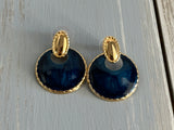 Fab Vintage Pierced Earrings Gold Tone Hoops w Navy Blue Enamel