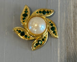 Monet Stunning Vintage Brooch Green Rhinestones & Faux Pearl Center