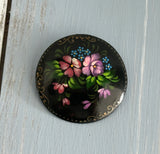 Gorgeous Hand Painted Floral Brooch Black w Flowers Made in Russia