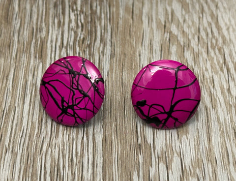 Really Cool Metal & Enamel Button Vintage Pierced Earrings Plum & Black