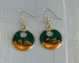 So Pretty Hoop Dangle Vintage Pierced Earrings Gold Tone w Teal & Beige Enamel