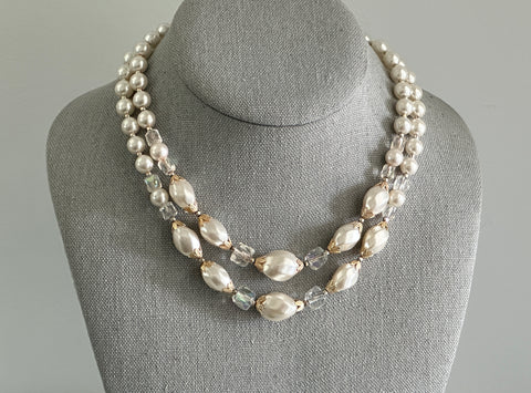 Vintage Multi Strand Necklace Faux Pearls AB Glass & Gold Tone Beads Japan