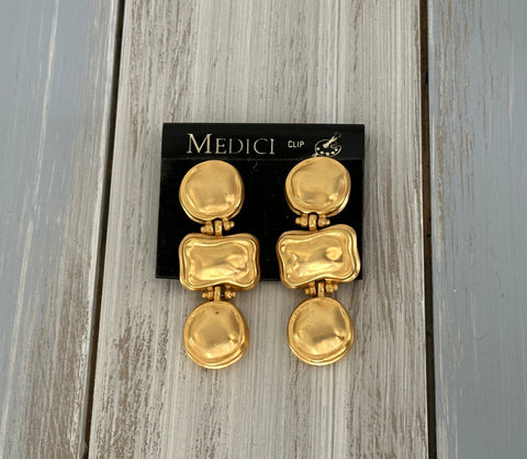 Medici Vintage Statement Clip On Earrings Big Bold Matte Gold Tone Drops