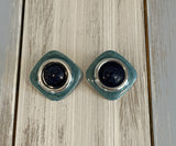 Love These! Silver Tone Metal w Teal & Navy Enamel Funky Mod Pierced Earrings