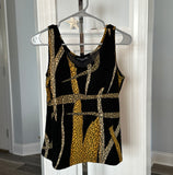 Impressions Vintage Travel Knit Top Sz M Black Gold Print w Metallic Threading