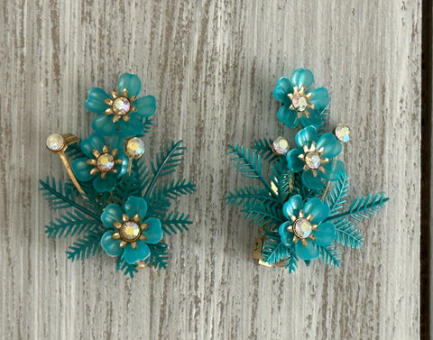 Unique & Magnificent Coro Vintage Clip On Earrings Blue Flowers AB Rhinestones