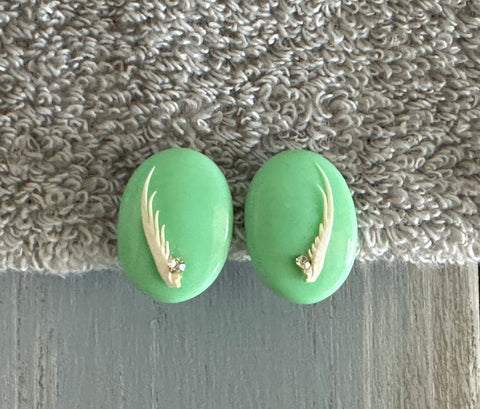 Magnificent Vintage Screw Back / On Earrings Mint Green w Rhinestones