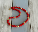 Napier Fabulous Vintage Beaded Necklace Red & Gold Tone Beads Pat #