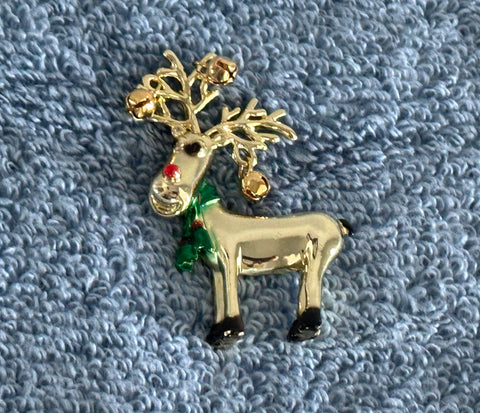 AJC Adorable Vintage Enamel Christmas Brooch Rudolph Reindeer w Bells on Antlers