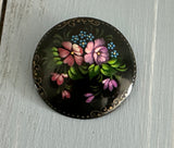 Gorgeous Hand Painted Floral Brooch Black w Flowers Made in Russia