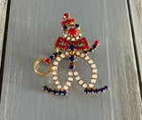 Fun Loving Clown! Rhinestone Vintage Brooch Red White & Blue Stones