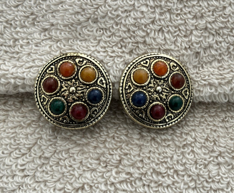 Super Mod Vintage Clip On Earrings Gold Tone w Colorful Cabochons Lightweight!