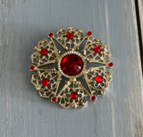 Vintage Sarah Coventry Brooch Serenade Gold Tone Red Cabochons & Rhinestones