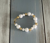 Awesome Vintage Beaded Bracelet White Plastic & Gold Tone Metal Beads