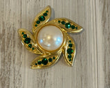 Monet Stunning Vintage Brooch Green Rhinestones & Faux Pearl Center