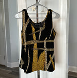 Impressions Vintage Travel Knit Top Sz M Black Gold Print w Metallic Threading