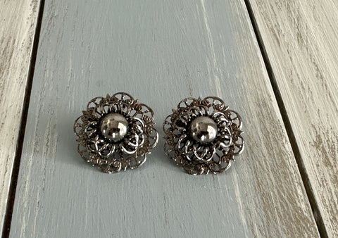 Unique Vintage Open Metal Work Flower Clip On Earrings