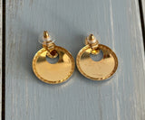 Fab Vintage Pierced Earrings Gold Tone Hoops w Navy Blue Enamel