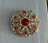 Vintage Sarah Coventry Brooch Serenade Gold Tone Red Cabochons & Rhinestones