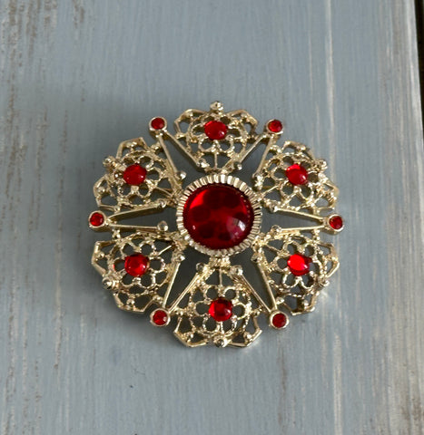 Vintage Sarah Coventry Brooch Serenade Gold Tone Red Cabochons & Rhinestones