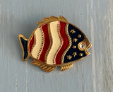 Newpro Vintage Patriotic Fish Brooch Red White & Blue Enamel Rhinestone Eye