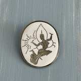 Unique Vintage Brooch Signed Japan White Enamel w Etched Niello Dancer