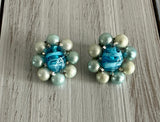 Vintage Bead Cluster Clip On Earrings Blue Beads Signed Japan