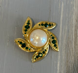 Monet Stunning Vintage Brooch Green Rhinestones & Faux Pearl Center