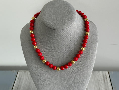 Napier Fabulous Vintage Beaded Necklace Red & Gold Tone Beads Pat #
