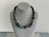 Beautiful Vintage Beaded Necklace w Gold Tone & Teal & Purple Swirl Beads