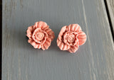 Beautiful Vintage Clip On Earrings Pink Carved Flowers / Roses