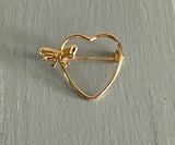 Beautiful Shiny Gold Tone Heart w Bow Vintage Brooch