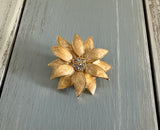 Flower Power Vintage Brooch Gold Tone Beige Enamels Sparkly Rhinestones