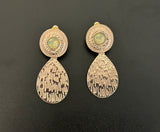 Cute Vintage Clip On Earrings Gold / Copper Tone Metal w Lime Moonglow Cabochons