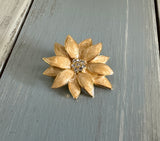 Flower Power Vintage Brooch Gold Tone Beige Enamels Sparkly Rhinestones