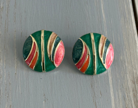 Super Awesome Vintage Pierced Earrings Green Pink Blue Etc Enamel