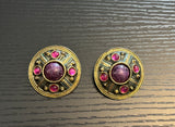Retro Cool Vintage Clip On Earrings Gold Tone Metal Pink & Purple Cabochons