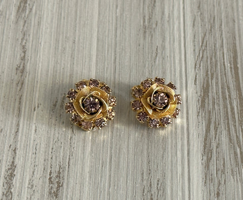 Gorgeous Vintage Clip On Earrings Light Purple Rhinestone Flowers