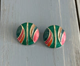 Super Awesome Vintage Pierced Earrings Green Pink Blue Etc Enamel