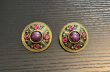 Retro Cool Vintage Clip On Earrings Gold Tone Metal Pink & Purple Cabochons