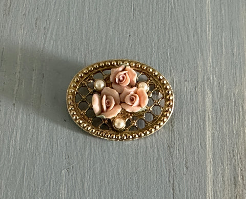 1928 Vintage Brooch Gold Tone w Porcelain Roses & Faux Pearls