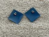 Fun Vintage Blue Enamel Diamond Shape Metal Pierced Earrings
