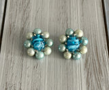 Vintage Bead Cluster Clip On Earrings Blue Beads Signed Japan