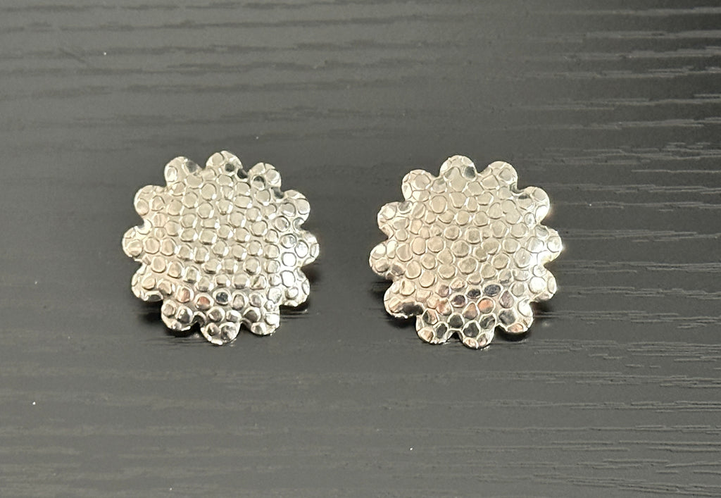 Vintage Silver Tone Textured Metal Flower Pierced Earrings