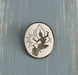 Unique Vintage Brooch Signed Japan White Enamel w Etched Niello Dancer
