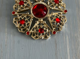 Vintage Sarah Coventry Brooch Serenade Gold Tone Red Cabochons & Rhinestones