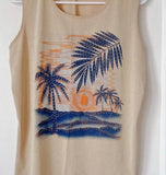 Woman's Sz XL Vintage Sleeveless Knit Tank Top Tropical Beachy Print w Sparkle