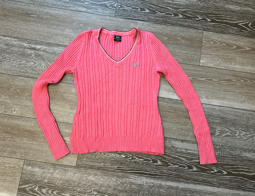 Le Tigre Sz M The Classic Pink Vintage V-Neck Argyle Sweater Gray & White Stripe Trim