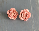 Beautiful Vintage Clip On Earrings Pink Carved Flowers / Roses