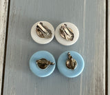 Lot of 2 Button Style Vintage Clip On Earrings Blue & White Fun & Cute